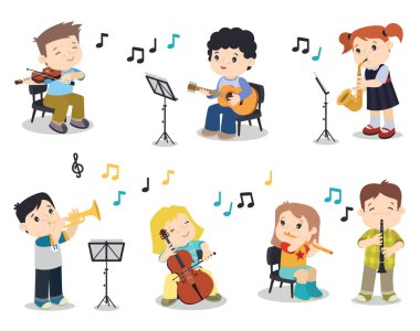 Okul bandosu çizgi film tatbikatı Mutlu Çocuklar Müzik Enstrümanları Vector Clip Art Illustration Design Set Beyaz üzerine izole