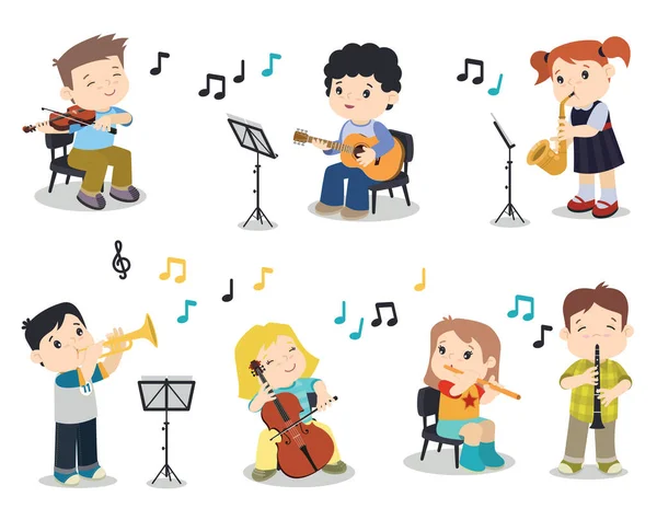 Escuela Banda Práctica Dibujos Animados Lindos Niños Felices Jugando Instrumentos — Archivo Imágenes Vectoriales