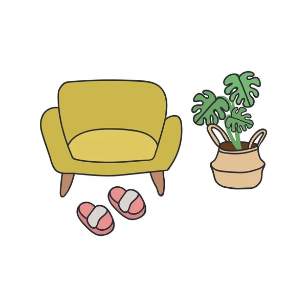 Illustration eines Sofas. Stilvolle Darstellung des Interieurs im skandinavischen Stil. Zu Hause stehen ein Sofa, eine Palme im Korbtopf und rosa Pantoffeln. Schönes Poster von einem gemütlichen Zuhause. Bleiben — Stockvektor