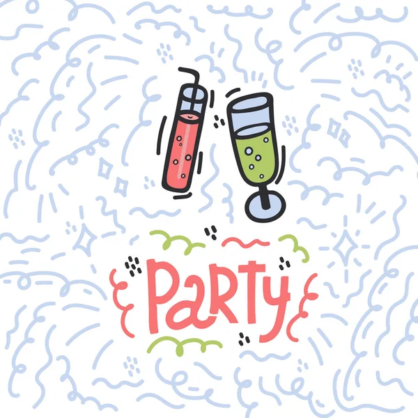 The inscription of the Party in the circle Doodle background. Inscription with an Illustration of glasses and drinks with gas and a tube. Beautiful cartoon background drawn by hand. A great poster for — Stock Vector