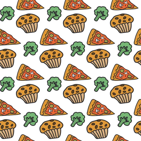 Der Hintergrund des Essens. Die Konsistenz der Lebensmittel wird von Hand gezeichnet. Hintergrundzeichnung von Pizza, Cupcake und Brokkoli. Schönes Essen im Cartoon-Stil. Eine bunte Illustration zeigt leckeres Essen. — Stockvektor