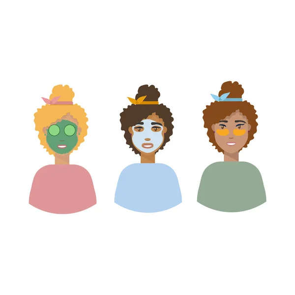 Ilustración del vector de fondo, higiene personal. Chicas con máscaras en la cara. Las niñas demuestran una máscara facial verde, una máscara facial de tela y parches. ilustraciones dibujadas a mano conjunto de chicas tomando — Archivo Imágenes Vectoriales