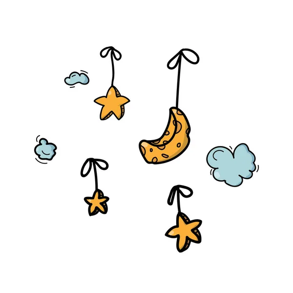 Illustration of happy yellow stars. stars and the moon soar with clouds. Vector illustration, childs drawing. — Stock Vector