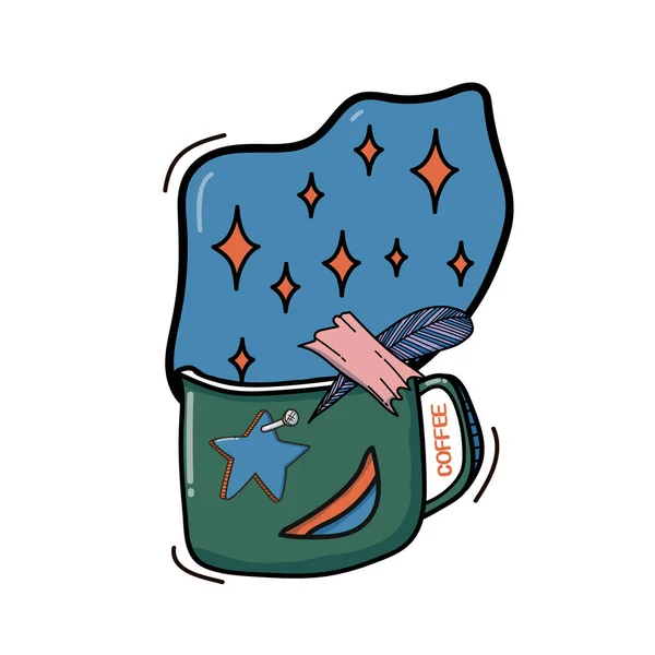 Ilustração de uma caneca verde com uma estrela em um alfinete. Estrelas cintilantes encantadas no céu azul. Ilustração vetorial com um copo . —  Vetores de Stock