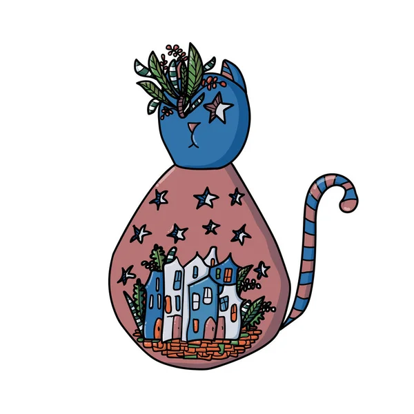 Illustrazione di un gatto decorativo di ceramica. Gatto personaggio con stelle davanti agli occhi. E una citta 'magica segreta dentro di lei. Vettore — Vettoriale Stock