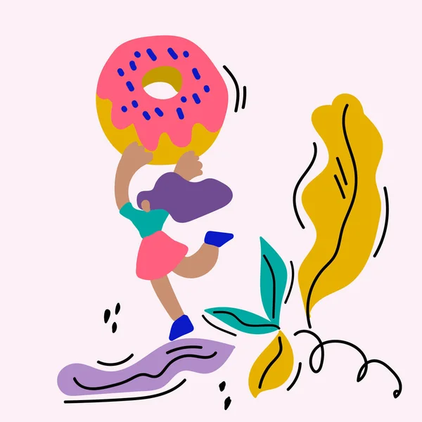 Egy kézzel rajzolt koncepció illusztráció egy nőről, aki egy hatalmas fánkot tart cukormázzal. Egy levelekből és fákból álló körben. Plakátpékség illusztráció élelmiszerrel — Stock Vector