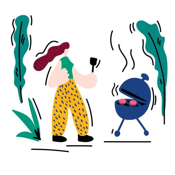 Handgezeichnete Illustration einer Frau beim Grillen. Zeit im Freien, Kochen in der Natur. In einem Kreis aus Blättern und Bäumen. Kochen unter freiem Himmel. — Stockvektor