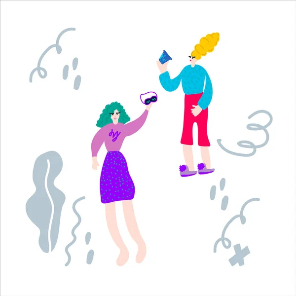 Una ilustración dibujada a mano de una mujer en pijama. Chicas en una fiesta de pijama en un círculo de símbolos abstractos. Folleto, póster, pijama, banda para dormir . — Vector de stock