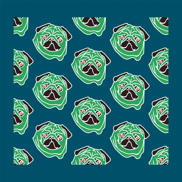 Kusursuz bir arka plan, elle çizilmiş bir köpek resmi. Pug, Afrika motiflerinden esinlenerek hoş bir yeşil renk şeması yaptı. Evcil hayvanlar bir tekstil veya panelin arka planına çekilir. Güzel ve sevimli. — Stok Vektör