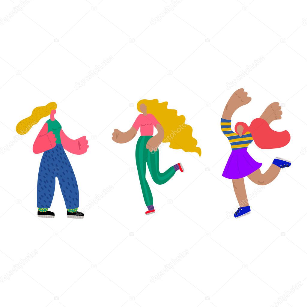 A set of illustrations of girls drawn in the Doodle style. Human characters drawn by hand in a fashionable style. Fashion girls are drawn to the web site or for social networking.