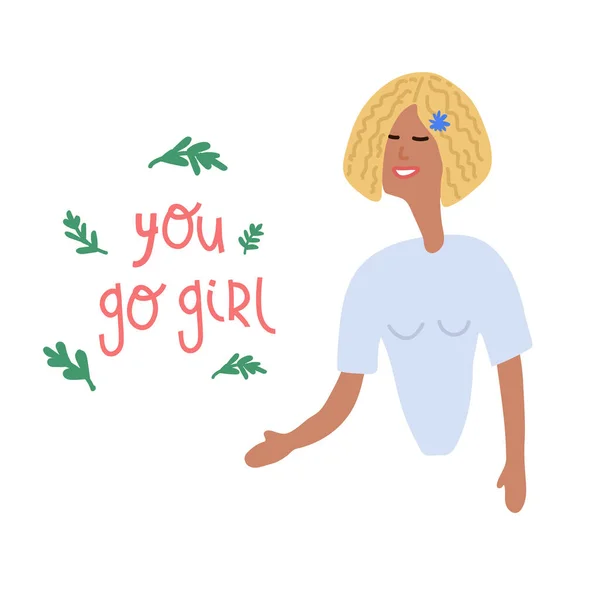 Illustration of a girl with a motivating inscription you go girl. An inscription in a circle of leaves, a feminist illustration. Slogans and motivators for women. — Stock Vector