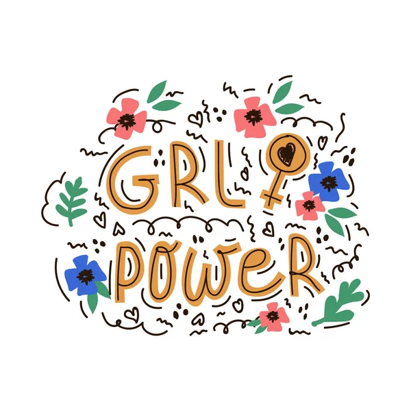 Ilustração com uma legenda motivadora poder menina. Uma inscrição em um círculo de flores e folhagem, uma ilustração feminista. Slogans e motivadores para as mulheres . — Vetor de Stock