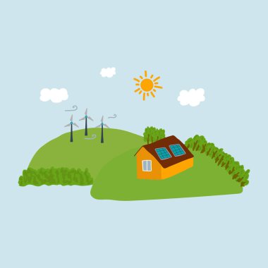 Yel değirmenlerinin ve tepenin üstünde bir evin resmi. Görüntü alternatif enerji kaynaklarını gösteriyor. Doğa, tepeler, çimenler ve ağaçlar şehirden uzakta sessiz bir köşede yenilenebilir enerji kaynakları..