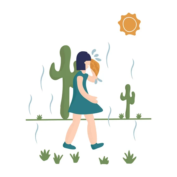 Illustration d'une fille marchant sous le soleil chaud. L'image montre un phénomène météorologique, un soleil brûlant et chaud. Une femme entre dans une robe avec un mouchoir, se desséchant de la chaleur. L'illustration — Image vectorielle