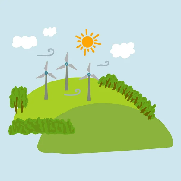 Иллюстрация ветряных мельниц и дома на холме. Изображение показывает альтернативные источники энергии. Природа, холмы, трава и деревья, возобновляемые источники энергии в тихом уголке вдали от города. — стоковый вектор