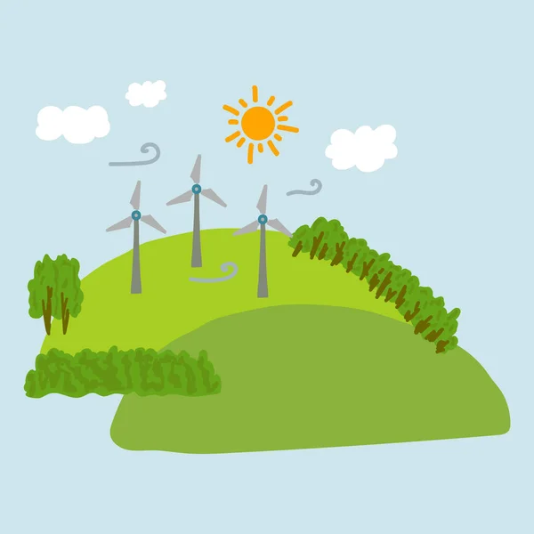 Yel değirmenlerinin ve tepenin üstünde bir evin resmi. Görüntü alternatif enerji kaynaklarını gösteriyor. Doğa, tepeler, çimenler ve ağaçlar şehirden uzakta sessiz bir köşede yenilenebilir enerji kaynakları..
