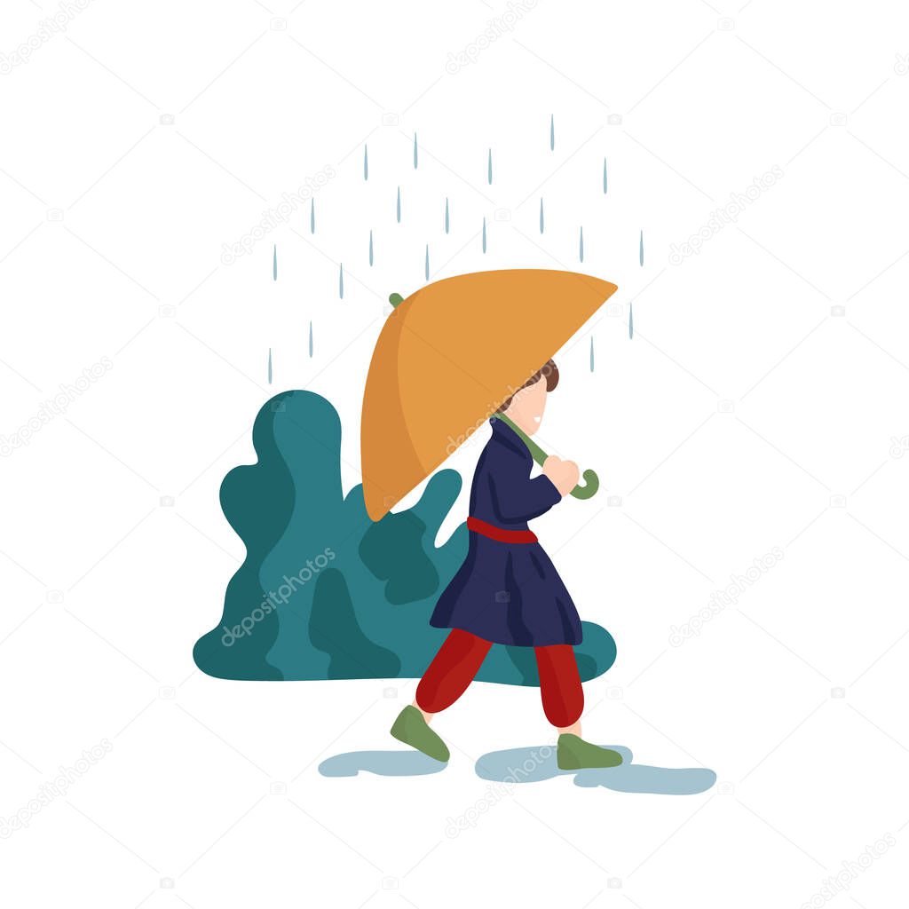 Illustration of a guy walking in the rain. The image shows a weather phenomenon, a man walking in the rain with a yellow umbrella. A man walking in rainy weather. The illustration shows the human