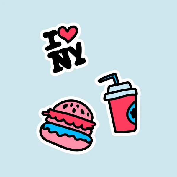 Ein Satz Aufkleber für Attraktionen in den Vereinigten Staaten. Das Set beinhaltet I love New York und Junk Food und Drink. Die Abbildungen sind mehrfarbig, die Hauptfarben sind blau und rot — Stockvektor