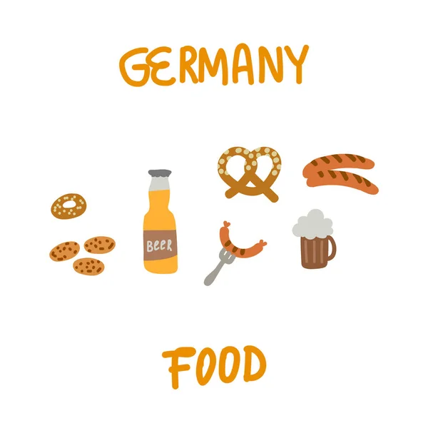 Illustrazione di cibo Germania con un'iscrizione. Una serie di illustrazioni del cibo non è molto sana, ma molto gustosa. Il cibo nazionale della Germania. L'illustrazione è disegnata a mano, salsicce — Vettoriale Stock