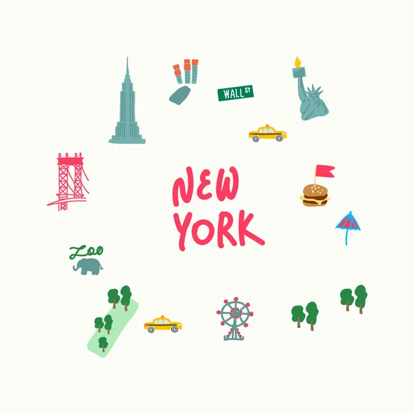 Set van attracties in New York Verenigde Staten. De set bevat het beroemde Vrijheidsbeeld met een fakkel, de Brooklyn Bridge, de dierentuin, Central Park, Times Square, het Empire State Building. Met de — Stockvector