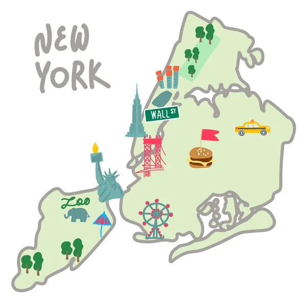 Kaart illustratie van attracties in New York USA. De stadsplattegrond bevat het beroemde Vrijheidsbeeld met een fakkel, de Brooklyn Bridge, de dierentuin, Central Park, Times Square en de Empire State — Stockvector