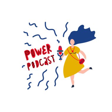 Tablonun düz vektör illüstrasyonuyla radyo sunucusu. Medya Doodle çizimine ev sahipliği yapıyor. Kadın podcaster, elinde bir işaret mikrofonuyla podcast 'in yazılı olduğu bir kız, iş yerinde yayın yapan bir yayıncı.