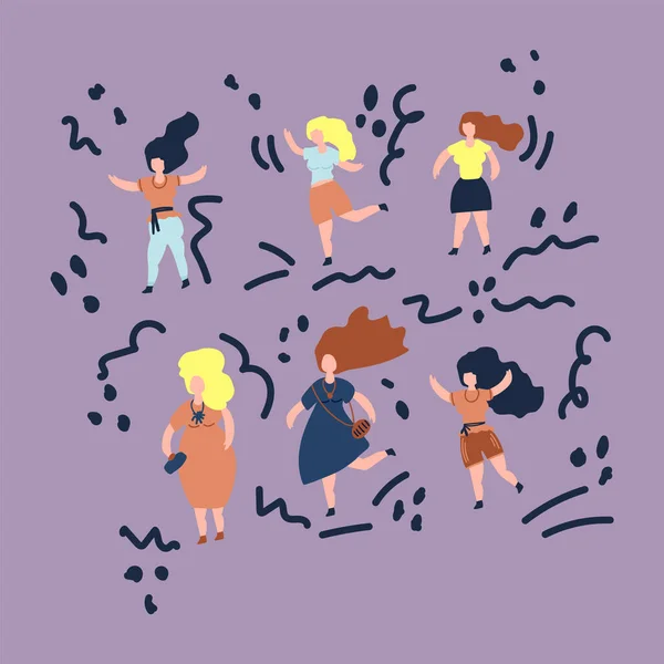 Le concept de positivité corporelle tous les corps sont de bons corps. Illustration vectorielle un groupe de femmes de taille plus. Illustration de filles dessinées à la main pour soutenir les femmes. — Image vectorielle