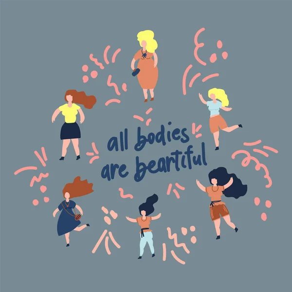 The concept of body positivity all bodies are good bodies. Vector illustration a group of plus size women. Illustration of girls drawn by hand to support women. — Stock Vector