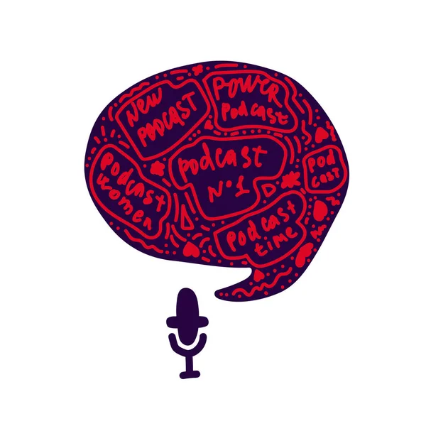 The media, a microphone and a speech bubble icon doodles. Sound recording device, media equipment hand-drawn vector illustration. Microphone, broadcast media color drawing isolated on a white