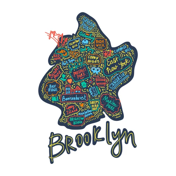 Map of Brooklyn new York USA flat drawn vector illustration. American States city, district, name inscriptions and cartoon attractions, tourist attractions clipart. Us trips, travel poster comics — Stock Vector