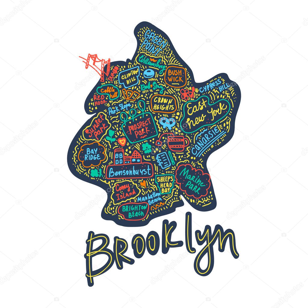 Map of Brooklyn new York USA flat drawn vector illustration. American States city, district, name inscriptions and cartoon attractions, tourist attractions clipart. Us trips, travel poster comics