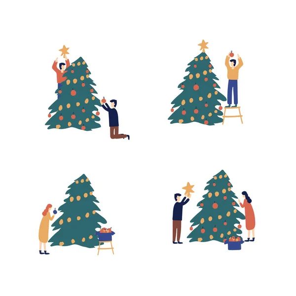 Un grupo de personas preparándose para las vacaciones de invierno. Viste el árbol de Navidad y preparar regalos, dar regalos a los demás. Hombres y mujeres decoran el árbol de Navidad, preparan regalos junto a la chimenea — Vector de stock