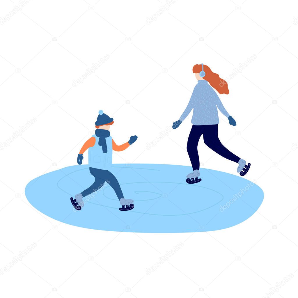 Adults and children are dressed in winter clothing for snowboarding and skiing. Mens and womens cartoon skiing and snowboarding and walking. Winter games on the street, mountain sports. Vector
