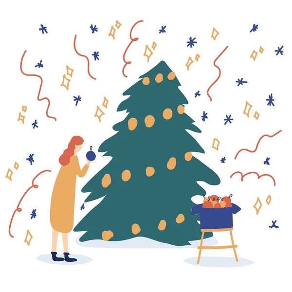Escena de invierno con una niña y un árbol de Navidad.Escena de Navidad con la imagen de un árbol. Ilustración vectorial en estilo plano. Caminar en invierno, jugar con los niños en vacaciones de invierno. — Vector de stock