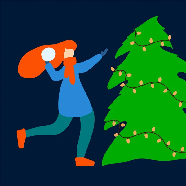 Año nuevo ilustración gente celebra en el árbol de Navidad. Año nuevo escena de la gente juega en el árbol de Navidad. Tarjeta de felicitación de año nuevo con la gente. Chica jugando bolas de nieve en la calle en el — Vector de stock