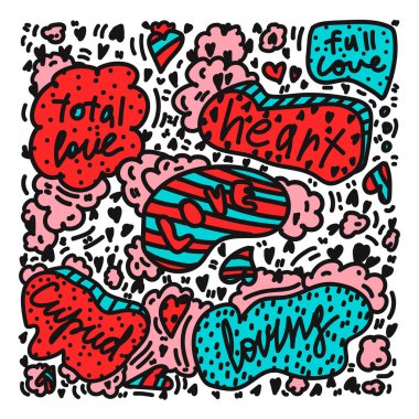 Aşk hakkında arka plan Doodle tarzında çizilmiş. Mektup elle yazılır: sevgi, kalp, sevgi, aşk. Sevgililer Günü 'ne adanmış vektör illüstrasyonu.