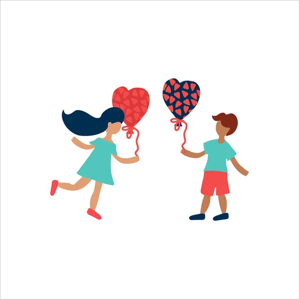 Ilustração de um cartão postal com um cara e uma menina dando balões para o dia do amor. Duas pessoas apaixonadas, corações e símbolos do amor, o conceito de uma data, para o dia dos namorados. Ilustração vetorial. —  Vetores de Stock