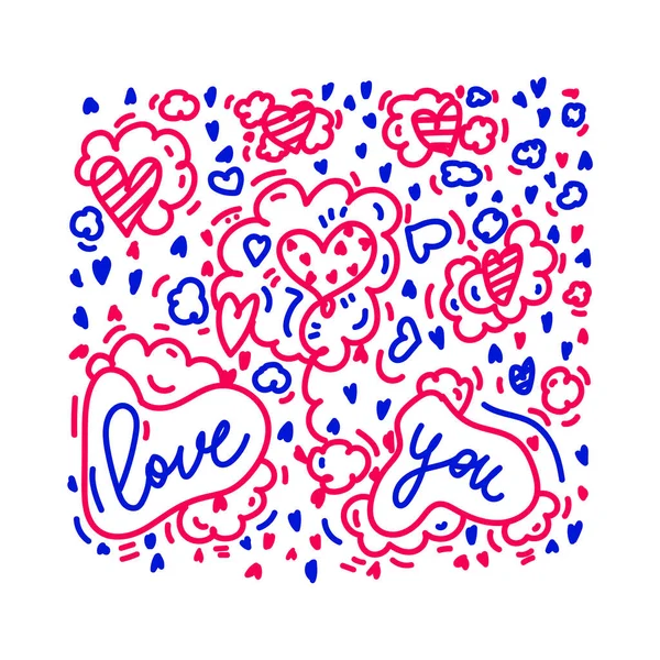 Carte postale vectorielle sur l'Amour. Avec Lettering, je t'aime. L'illustration est dessinée à la main dans le style Doodle. La Carte a un Coeur, Nuages, Ballons sur fond blanc. Une carte cadeau pour une date ou un — Image vectorielle