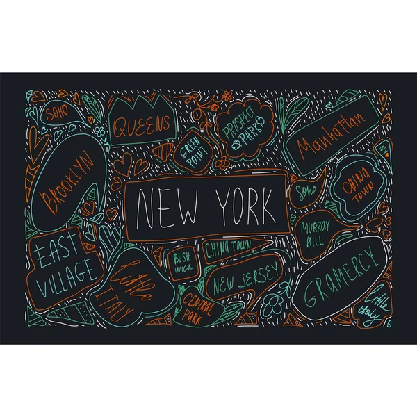 Handgetekende illustratie van de plattegrond van New York. Met handgeschreven namen van wijken en attracties. Brooklyn, Green Point, Manhattan, Chinatown, New Jersey. Het concept van reizen in NY stad. Banner — Stockvector