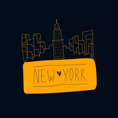 New York harfleriyle illüstrasyon yap. Amerika Birleşik Devletleri, New York 'taki bir şehrin isimleri, elle çizilmiş, karanlık bir arka planda işaretler var. ABD 'deki New York taraftarları için vektör bayrağı.