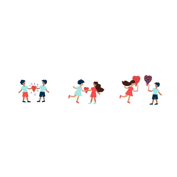 Illustratie van multiraciale jongeren voor de Dag van de Liefde. Elementen van de vectorillustratie zijn handgetekende jongens en meisjes ballonnen met harten en liefdesbrieven. Vlakke elementen voor Valentijnskaarten — Stockvector