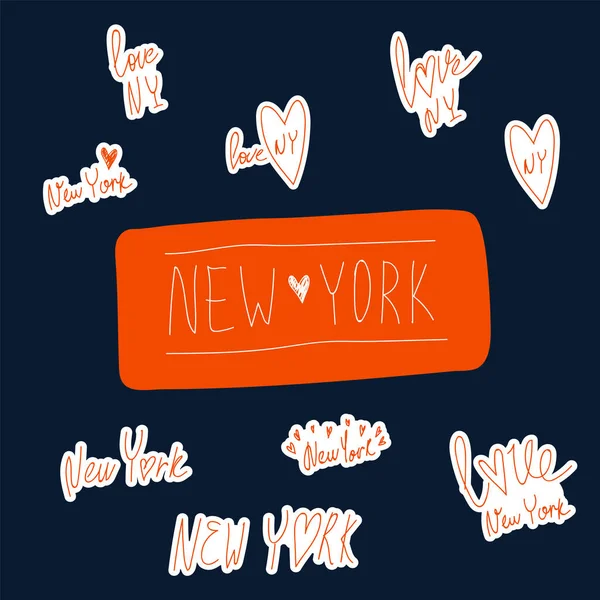 Set stickers met opschrift Love New York. NY stad met de hand getekend op een donkere achtergrond. Vector set voor liefhebbers in New York City in de Verenigde Staten. — Stockvector