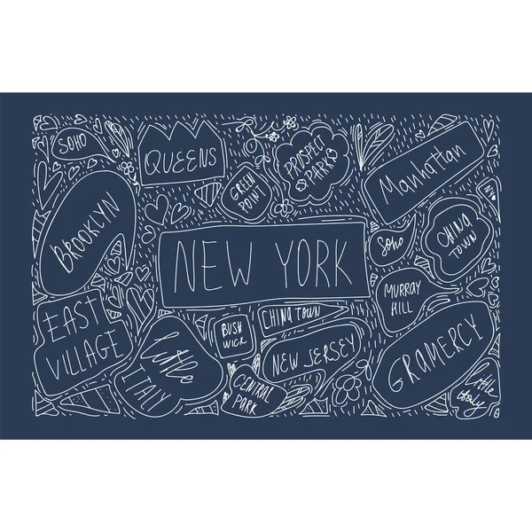 Handgezeichnete Illustration einer Landkarte von New York City auf schwarzem Hintergrund. Mit handschriftlichen Namen von Bezirken und Sehenswürdigkeiten in Brooklyn, Green Point, Manhattan, Chinatown, New Jersey. Das Konzept der — Stockvektor