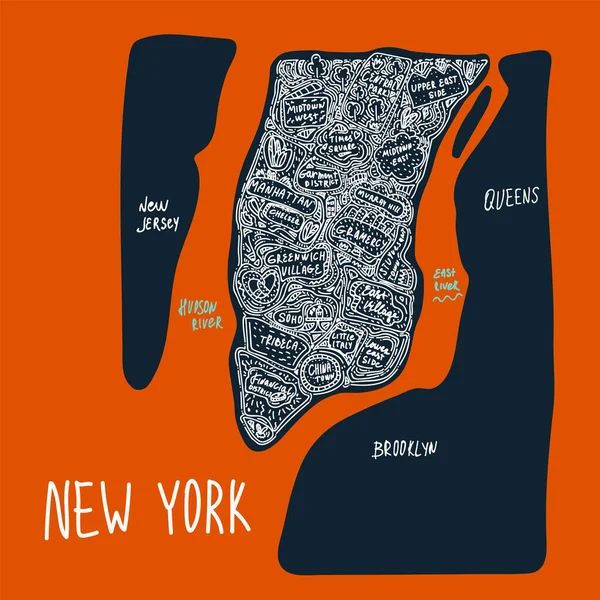Kaart van Manhattan in delen van de stad New York, USA. Een vlakke handgetekende illustratie getekend in een lijn op een donkere achtergrond. Bezienswaardigheden en plaatsen in de Verenigde Staten, New York City, district — Stockvector