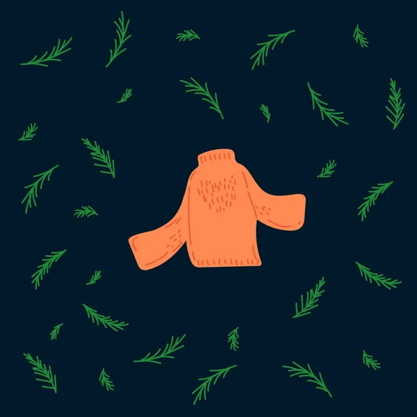 Illustration vectorielle du Nouvel An avec une veste. Photo avec une veste symbole de l'hiver, dans un cercle d'arbres de Noël verts. Dessiner des vêtements chauds dans le style Doodle. Bonne année 2021 — Image vectorielle