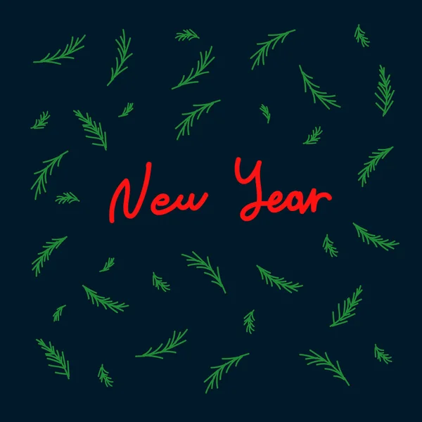 Cartão de anos novos com letras em um círculo de árvores de Natal verdes. Ilustração de crianças com letras de Ano Novo, para cartões de Natal. Desenhado no estilo Doodle. Feliz ano novo 2021 — Vetor de Stock