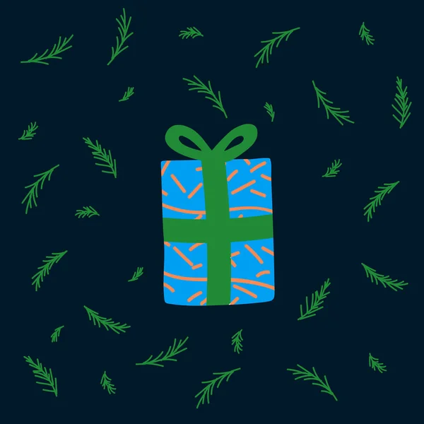 Vector illustratie van Nieuwjaar 2021 geschenken. Foto met cadeau cirkel van groene kerstboom. Getekend vakantie cadeau in Doodle stijl. Gelukkig nieuwjaar 2021 — Stockvector