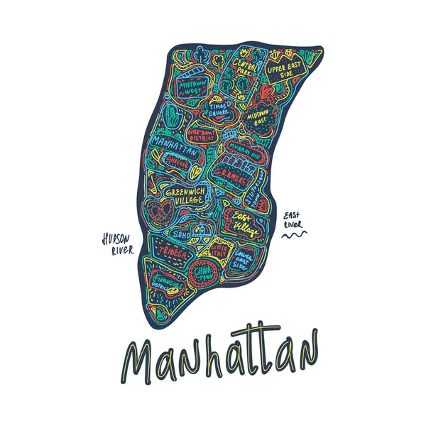 Color Map of Manhattan, New York, Verenigde Staten. Handgetekende illustratie in Doodle cartoon stijl op een donkere achtergrond. Bezienswaardigheden en plaatsen in de Verenigde Staten, New York stad, wijk, toerist — Stockvector