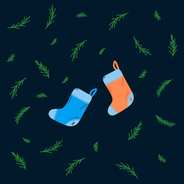 Ілюстрація, намальована у векторі на новий рік 2021 року. Картина з різдвяними шкарпетками символ зимового часу, в колі зелених ялин. Розфарбований теплий одяг для цукерок та ялинки в — стоковий вектор