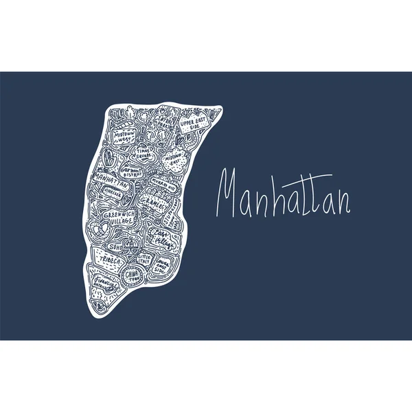 Vektorkarte von Manhattan New York USA. Flache, handgezeichnete Illustration auf dunklem Hintergrund. Sehenswürdigkeiten in den Vereinigten Staaten, Stadt, Bezirk, Touristenorte Cliparts. Der Name wird in der — Stockvektor